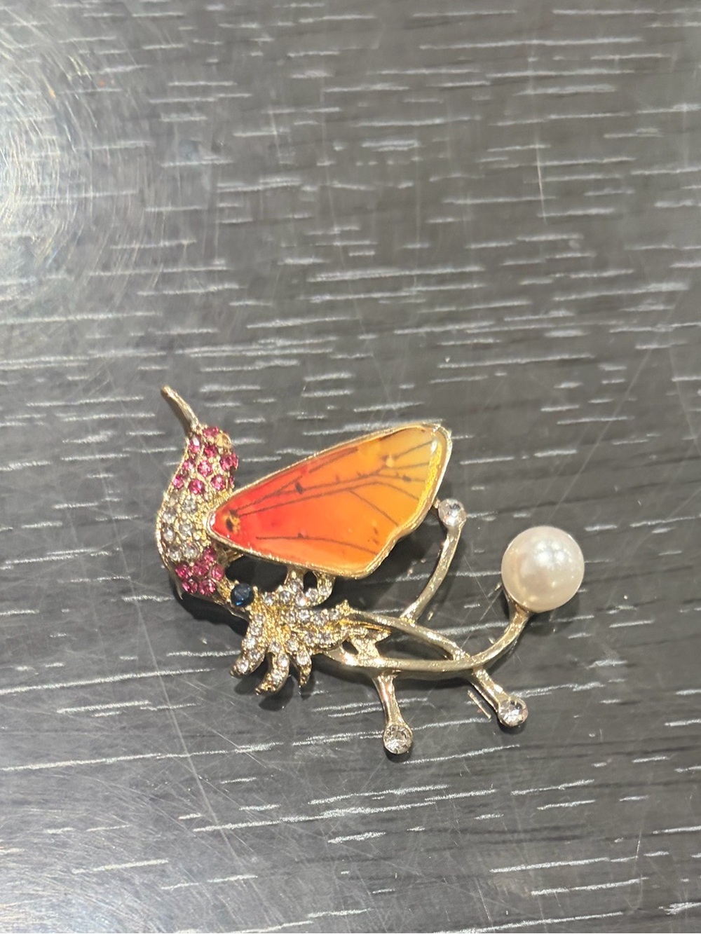 Gold-Tone Orange Bird Brooch with Pearl Accent